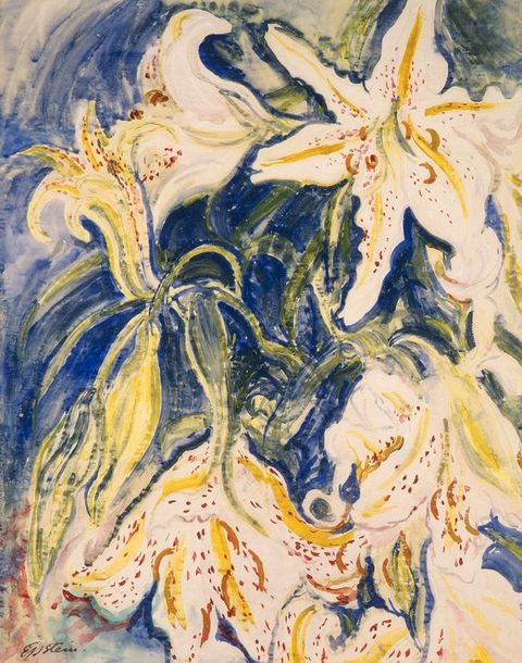 Painting. Several starburst-like white lilies are painted expressionistically against a cobalt-blue background. The lilies are veined with golden yellow, and dots of ochre-orange indicate speckles and the stamens. The work is signed in the lower left corner, 'Epstein'.