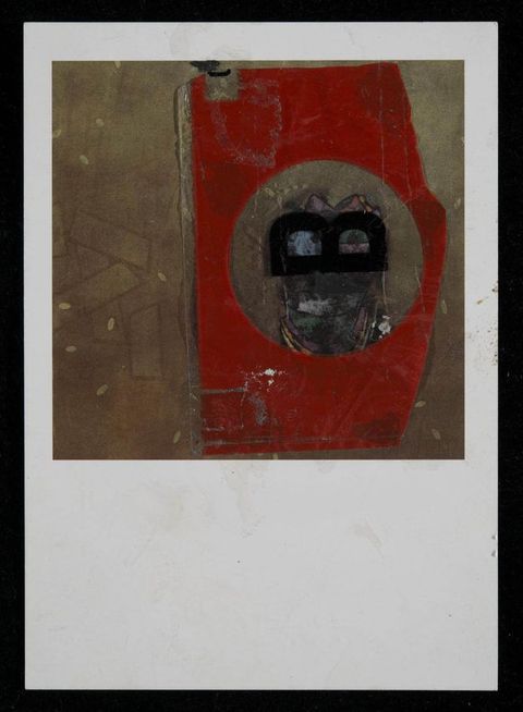 Collage. A square, gold-coloured postcard is overlaid with a wide red stripe to our right of centre. Inside a hole that almost spans its width is an upwards-facing, black letter B.