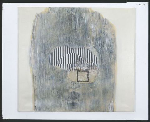 Painting. A rough oval at the centre of this composition is striped with black and white. The pattern shifts in a half-circular area within the oval, creating an optical effect. A form like a cape draped from the top edge of the painting is scraped and rubbed to create a slate-blue and parchment-white cloud.
