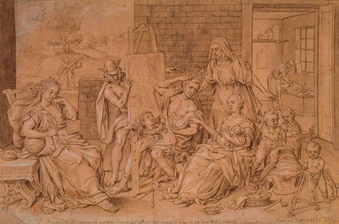 Drawing. Created with grey lines and white highlights on orange-toned paper, a man sitting at an easel is surrounded by women and children. A person with a winged helmet, Mercury, peers around the easel. To our left is a model, holding a compass and books. To our right is a nursing mother, four more children, a dog, an older woman, and a workshop assistant in the background.