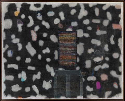Painting. A field of blurry mostly white, and occasionally coloured, spots against black covers this canvas. To our right of centre, a vertical rectangle has thin rows of jewel-toned colour alternating with equally thin rows of black, like strips of coloured metal carefully spaced on velvet.