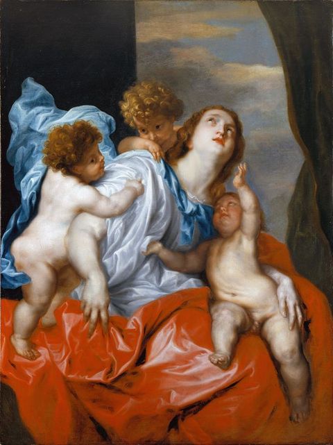 Painting. A woman with notably pale skin in flowing white and blue satin supports three babies and children as she looks up, tears glinting in her eyes. Vivid red fabric spreads across her lap. The nude children also have pale skin but their faces are flushed.