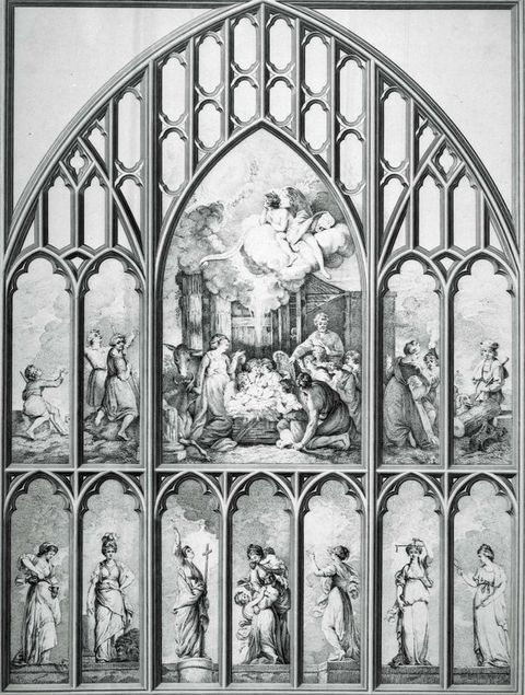 Print. A row of seven personifications, each under a narrow, pointed arch, line the bottom row of this monumental stained glass window design. The bottom centre pane shows a woman holding three children. A second, taller set of windows above shows the Nativity flanked by two scenes on each side, all under an encompassing pointed arch.