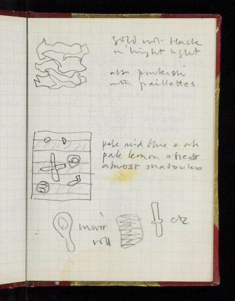 Drawing. A gridded page has two pencil drawings next to writing. More drawings, like icons, line the bottom of the page.