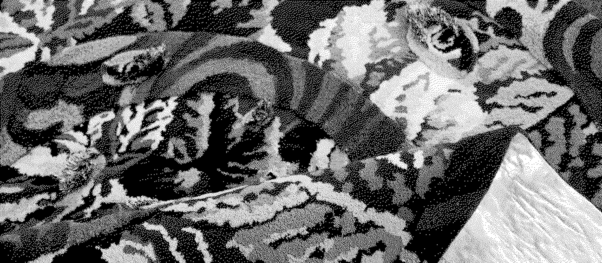 Tapestry. Patterns in maroon, dusky pink, white, navy, sky blue, sage green, and pale yellow intermix in this close view of low-pile rug. Several eyes of different sizes are woven among the patterns. The shimmering gold back of the rug is visible where it flips over near the bottom right corner.
